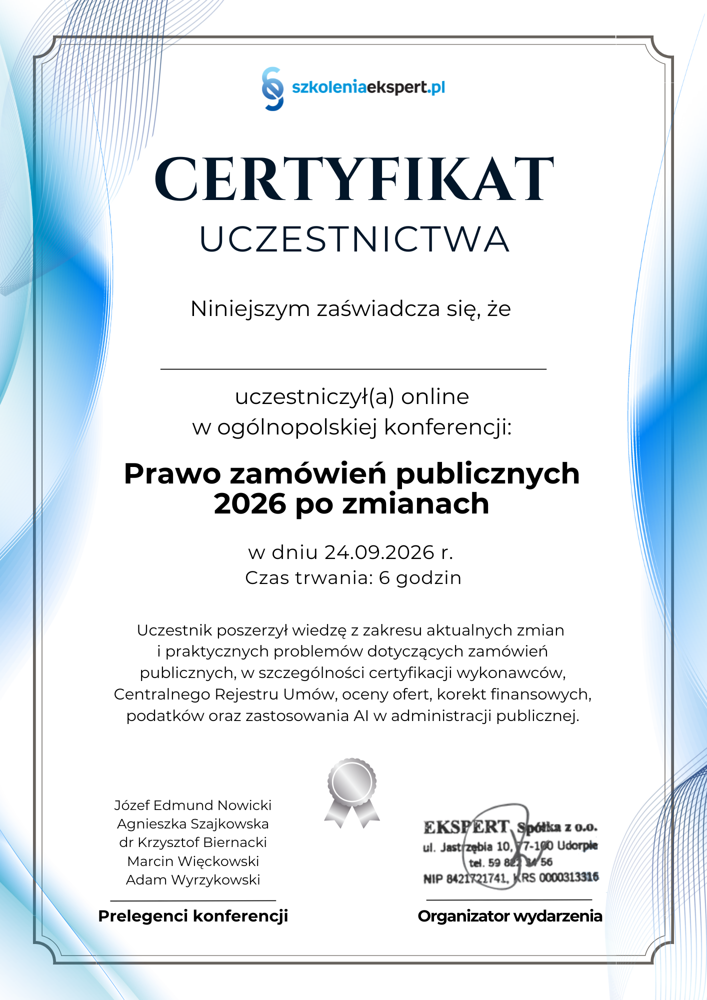 Wzór certyfikatu uczestnictwa